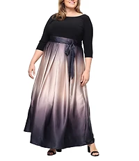 Ignite Evenings Plus Size Ombre Satin 3/4 Sleeve Round Neck Ribbon Belted Detail Ball Gown