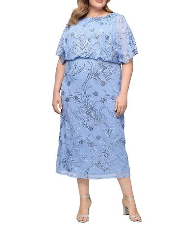 Ignite Evenings Plus Size Power Mesh Sequin Blouson Short Flutter Sleeve Midi Dress