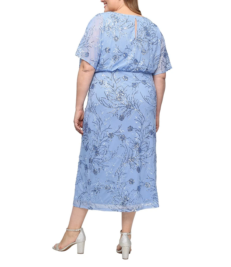 Ignite Evenings Plus Size Power Mesh Sequin Blouson Short Flutter Sleeve Midi Dress
