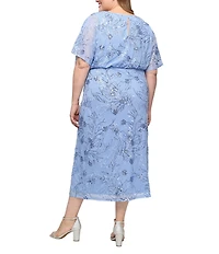 Ignite Evenings Plus Size Power Mesh Sequin Blouson Short Flutter Sleeve Midi Dress