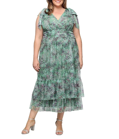 Ignite Evenings Plus Size Printed Mesh Bow Double Tier Hem Midi Dress