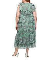 Ignite Evenings Plus Size Printed Mesh Bow Double Tier Hem Midi Dress