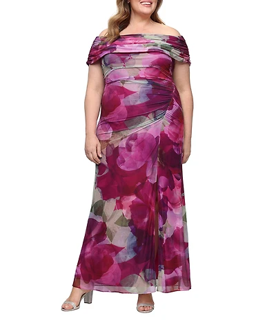 Ignite Evenings Plus Size Printed Mesh Off The Shoulder Long Dress