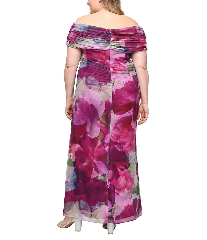 Ignite Evenings Plus Size Printed Mesh Off The Shoulder Long Dress