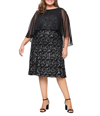 Ignite Evenings Plus Size Printed Sequin Tea Length Dress With Chiffon Overlay