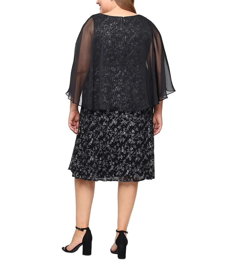 Ignite Evenings Plus Size Printed Sequin Tea Length Dress With Chiffon Overlay