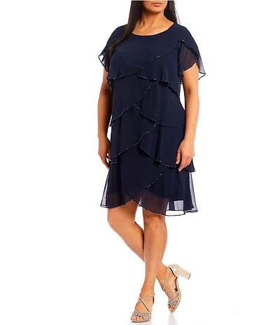 Ignite Evenings Plus Size Round Neck Short Flutter Sleeve Beaded Trim Tiered Dress