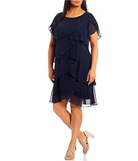 Ignite Evenings Plus Size Round Neck Short Flutter Sleeve Beaded Trim Tiered Dress