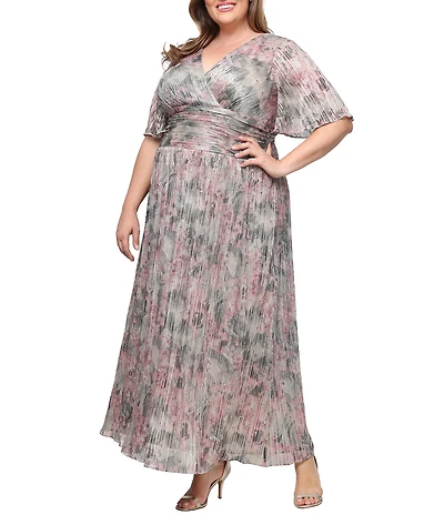Ignite Evenings Plus Size Ruched Waist Short Sleeve Printed Bodre Long Dress