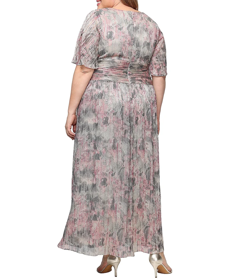 Ignite Evenings Plus Size Ruched Waist Short Sleeve Printed Bodre Long Dress