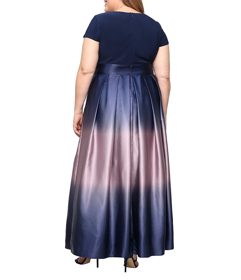 Ignite Evenings Plus Size Satin Charmeuse Matte Jersey V-Neck Short Sleeve Self Tie Sash Ombre Ballgown