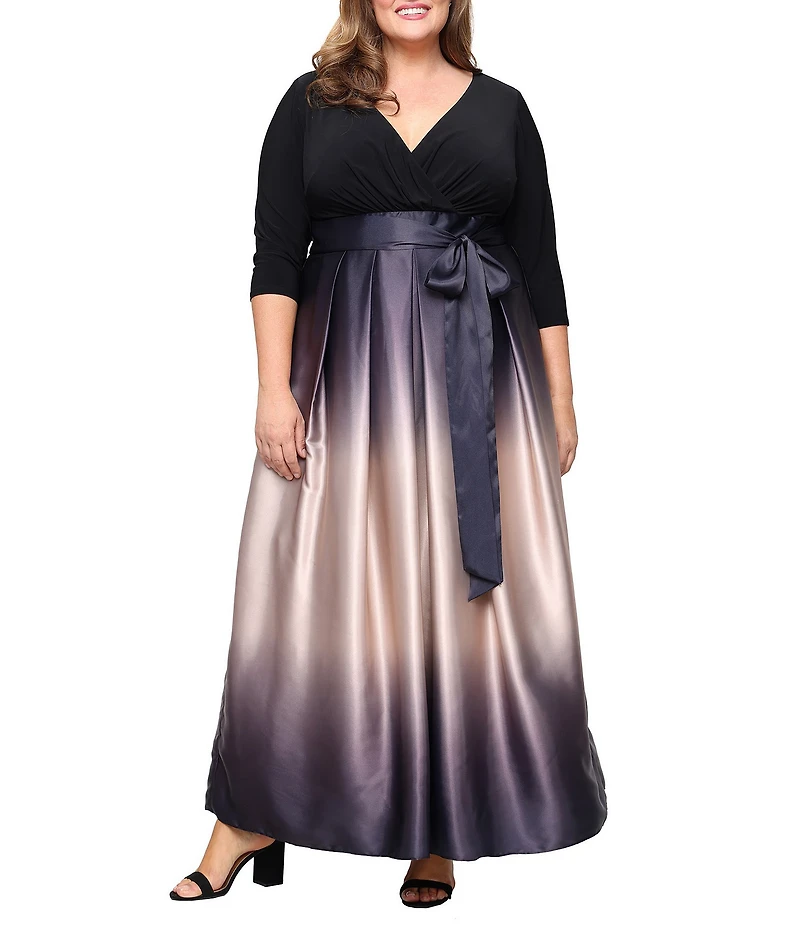 Ignite Evenings Plus Size Satin Charmeuse Ombre Skirt Tie Waist Matte Jersey Bodice 3/4 Sleeve V-Neck Ball Gown