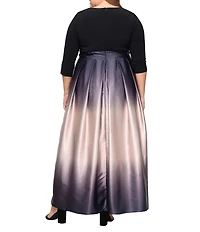 Ignite Evenings Plus Size Satin Charmeuse Ombre Skirt Tie Waist Matte Jersey Bodice 3/4 Sleeve V-Neck Ball Gown