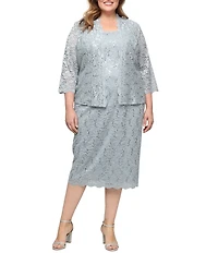 Ignite Evenings Plus Size Scalloped Sequin Lace Square Neck 3/4 Sleeve 2-Piece Jacket Dress