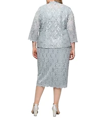 Ignite Evenings Plus Size Scalloped Sequin Lace Square Neck 3/4 Sleeve 2-Piece Jacket Dress