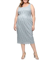 Ignite Evenings Plus Size Scalloped Sequin Lace Square Neck 3/4 Sleeve 2-Piece Jacket Dress