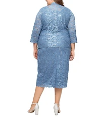 Ignite Evenings Plus Size Scalloped Sequin Lace Square Neck 3/4 Sleeve 2-Piece Jacket Dress