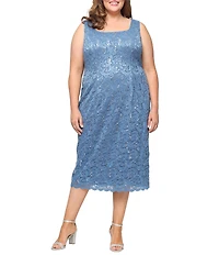 Ignite Evenings Plus Size Scalloped Sequin Lace Square Neck 3/4 Sleeve 2-Piece Jacket Dress