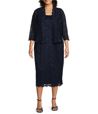 Ignite Evenings Plus Size Scalloped Sequin Lace Square Neck 3/4 Sleeve 2-Piece Jacket Dress