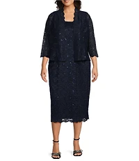 Ignite Evenings Plus Size Scalloped Sequin Lace Square Neck 3/4 Sleeve 2-Piece Jacket Dress