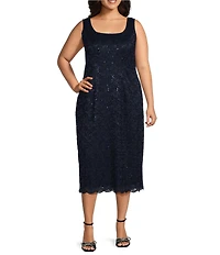 Ignite Evenings Plus Size Scalloped Sequin Lace Square Neck 3/4 Sleeve 2-Piece Jacket Dress