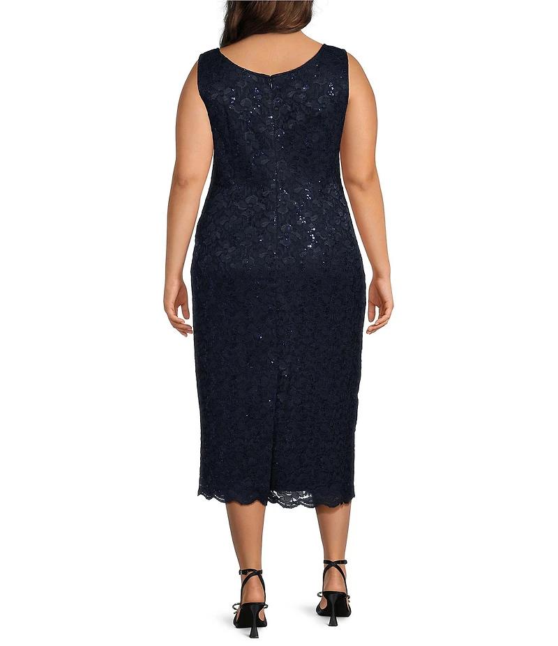 Ignite Evenings Plus Size Scalloped Sequin Lace Square Neck 3/4 Sleeve 2-Piece Jacket Dress