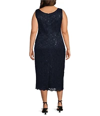 Ignite Evenings Plus Size Scalloped Sequin Lace Square Neck 3/4 Sleeve 2-Piece Jacket Dress