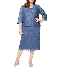 Ignite Evenings Plus Size Scalloped Sequin Lace Square Neck 3/4 Sleeve 2-Piece Jacket Dress