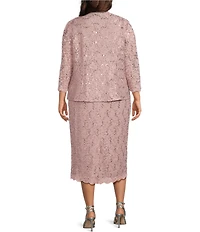 Ignite Evenings Plus Size Scalloped Sequin Lace Square Neck 3/4 Sleeve 2-Piece Jacket Dress