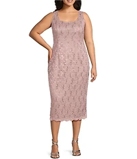 Ignite Evenings Plus Size Scalloped Sequin Lace Square Neck 3/4 Sleeve 2-Piece Jacket Dress