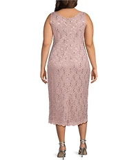 Ignite Evenings Plus Size Scalloped Sequin Lace Square Neck 3/4 Sleeve 2-Piece Jacket Dress