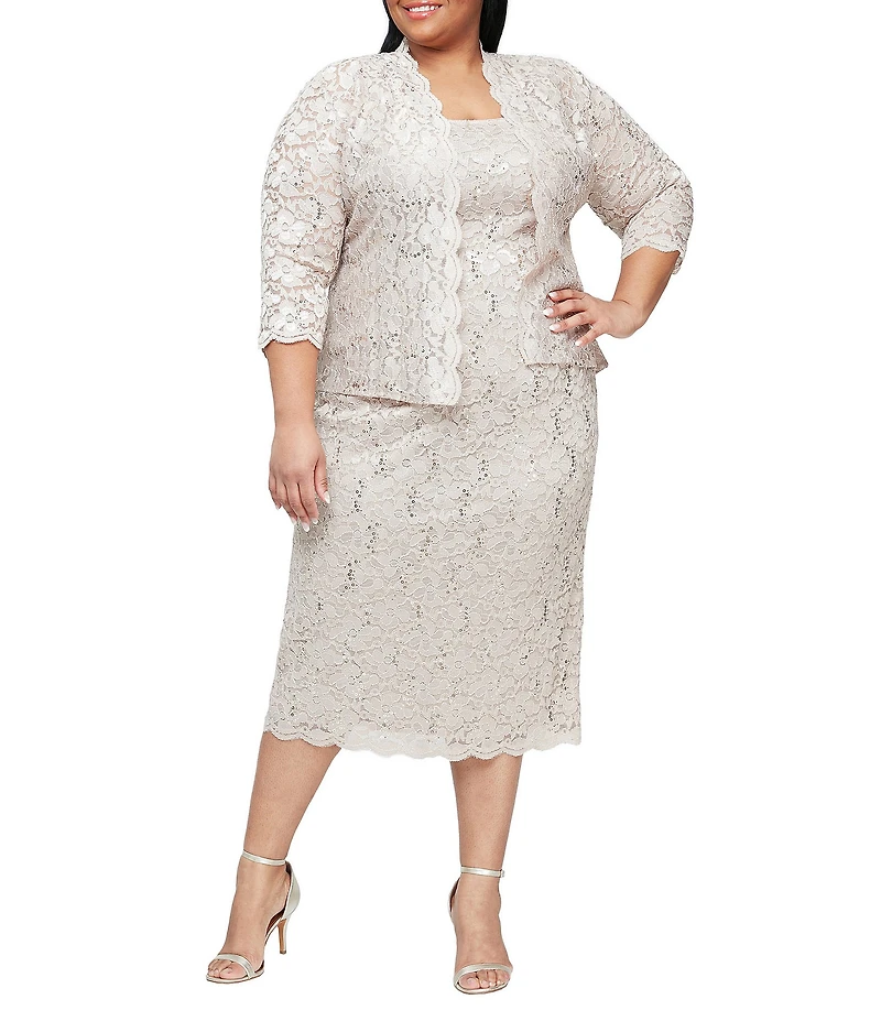 Ignite Evenings Plus Size Scalloped Sequin Lace Square Neck 3/4 Sleeve 2-Piece Jacket Dress