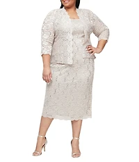 Ignite Evenings Plus Size Scalloped Sequin Lace Square Neck 3/4 Sleeve 2-Piece Jacket Dress