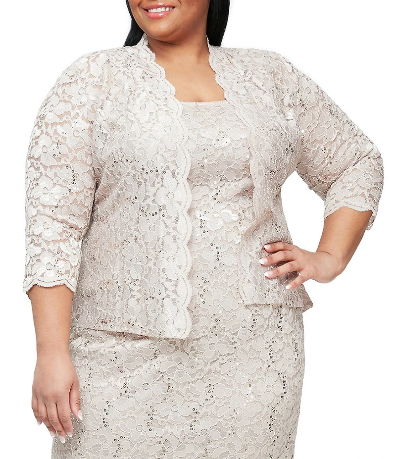 Ignite Evenings Plus Size Scalloped Sequin Lace Square Neck 3/4 Sleeve 2-Piece Jacket Dress
