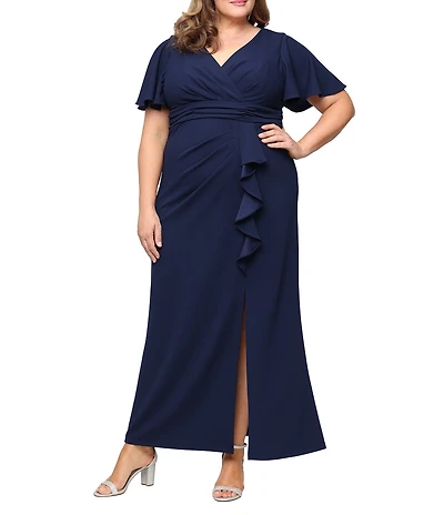 Ignite Evenings Plus Size Scuba Crepe Ruched Waist Cascade Skirt Short Flutter Sleeve Dress