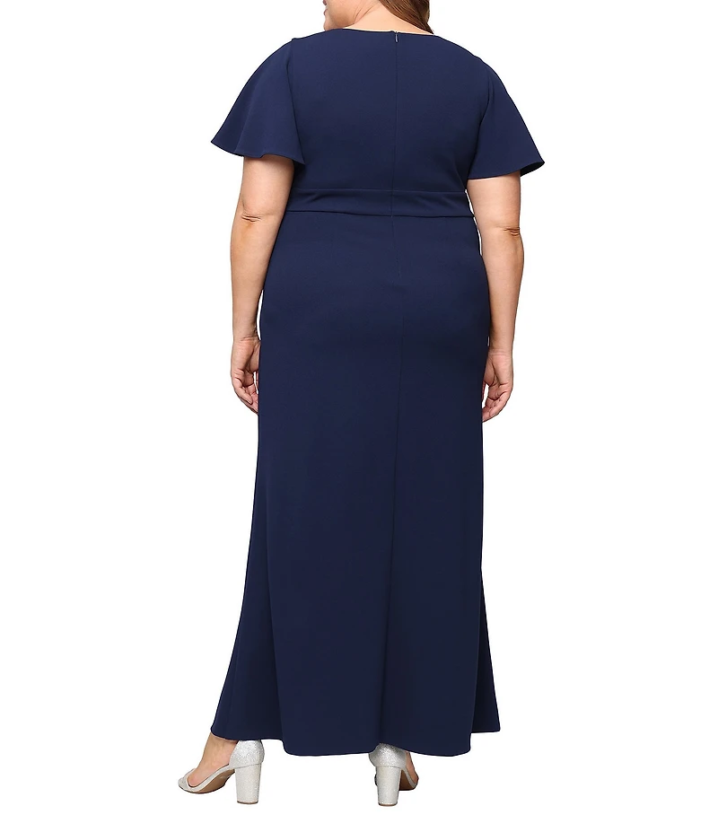 Ignite Evenings Plus Size Scuba Crepe Ruched Waist Cascade Skirt Short Flutter Sleeve Dress