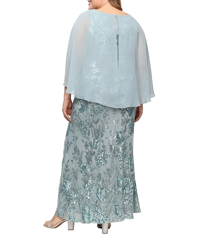 Ignite Evenings Plus Size Sequin Embroidered Tulip Long Caplet Sleeve Chiffon Overlay Dress