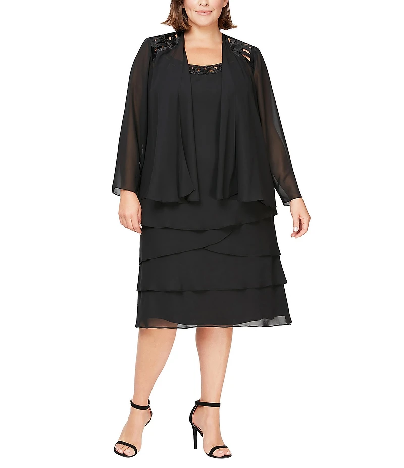 Ignite Evenings Plus Size Scoop Neck Long Sleeve Sequin Trim Tiered 2-Piece Jacket Dress