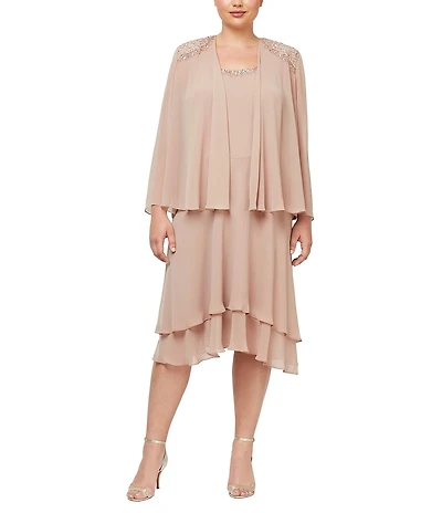 Ignite Evenings Plus Size Scoop Neck Long Sleeve Sequin Shoulder Midi Tiered Hem Jacket Dress