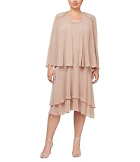 Ignite Evenings Plus Size Scoop Neck Long Sleeve Sequin Shoulder Midi Tiered Hem Jacket Dress