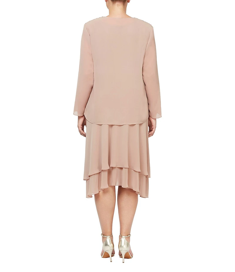 Ignite Evenings Plus Size Scoop Neck Long Sleeve Sequin Shoulder Midi Tiered Hem Jacket Dress