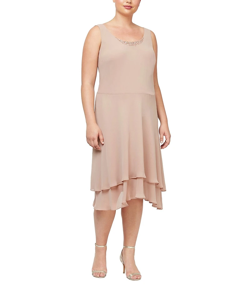 Ignite Evenings Plus Size Scoop Neck Long Sleeve Sequin Shoulder Midi Tiered Hem Jacket Dress