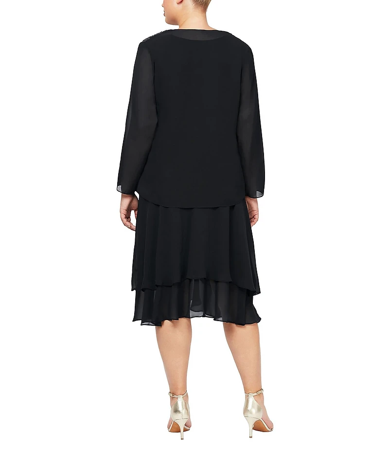 Ignite Evenings Plus Size Scoop Neck Long Sleeve Sequin Shoulder Midi Tiered Hem Jacket Dress
