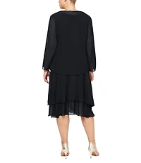Ignite Evenings Plus Size Scoop Neck Long Sleeve Sequin Shoulder Midi Tiered Hem Jacket Dress