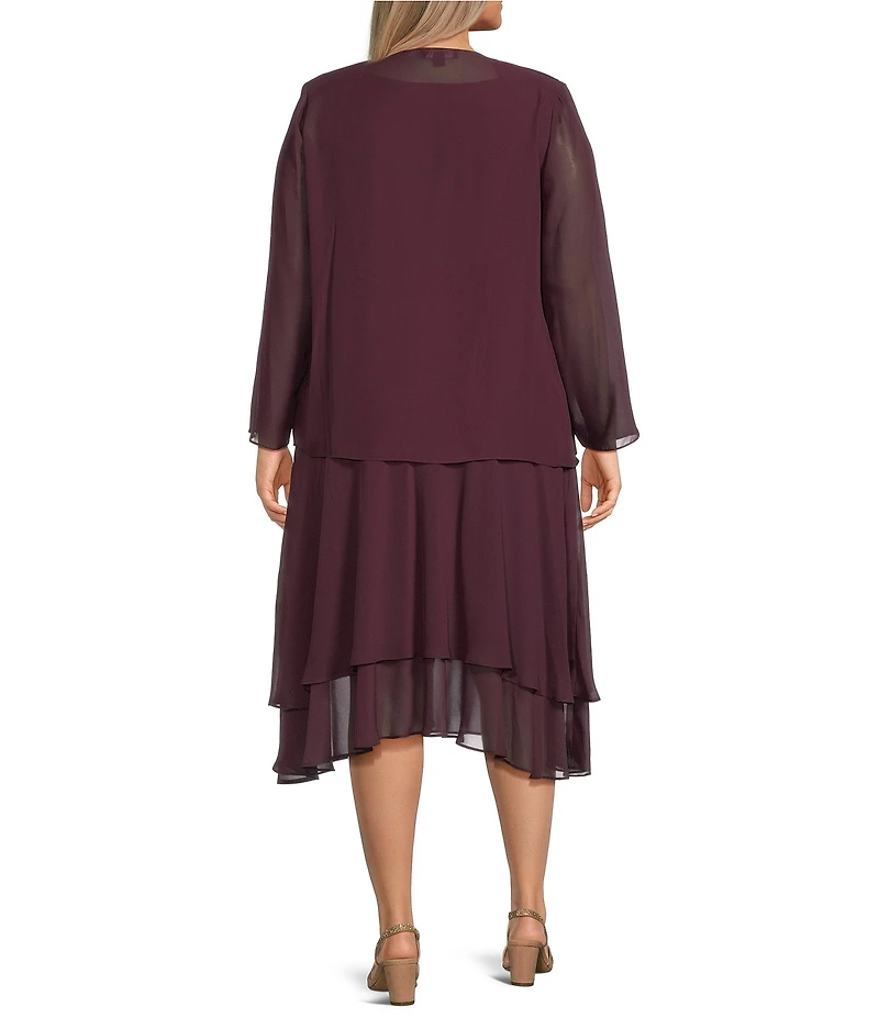 Ignite Evenings Plus Size Scoop Neck Long Sleeve Sequin Shoulder Midi Tiered Hem Jacket Dress