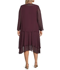 Ignite Evenings Plus Size Scoop Neck Long Sleeve Sequin Shoulder Midi Tiered Hem Jacket Dress