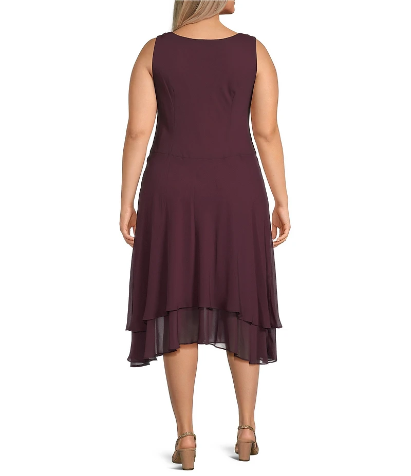 Ignite Evenings Plus Size Scoop Neck Long Sleeve Sequin Shoulder Midi Tiered Hem Jacket Dress