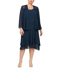 Ignite Evenings Plus Size Scoop Neck Long Sleeve Sequin Shoulder Midi Tiered Hem Jacket Dress