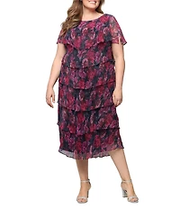 Ignite Evenings Plus Size Shimmer Bodre Short Caplet Sleeve Tiered Midi Dress