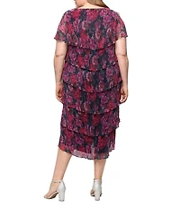 Ignite Evenings Plus Size Shimmer Bodre Short Caplet Sleeve Tiered Midi Dress